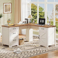 Vabches 59” L Shaped Executive Desk with Power Outlets, Farmhouse Home Office Desk with File Drawer,Storage Cabinet, Wood Corner Sturdy Writing Workstation.White