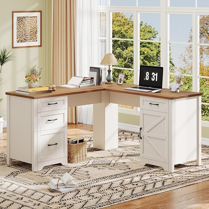 Vabches 59” L Shaped Executive Desk with Power Outlets, Farmhouse Home Office Desk with File Drawer,Storage Cabinet, Wood Corner Sturdy Writing Workstation.White