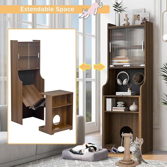 Fold-Out Convertible Office Table, Space-Saving Folding Writing Desk with Hutch & Storage Shelves, Pet-Friendly Foldable Computer Desk with Free Cat Bed for Small Spaces (Walnut)