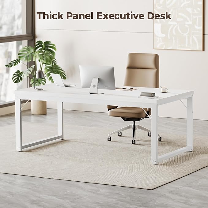 Mericonia 40 Inch Computer Desk, 1" Thick Modern Simple Study Writing Table, Heavy Duty Industrial Office Desk for Home Bedroom Workstation, White