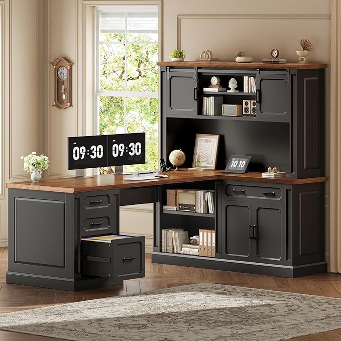 SEDETA Farmhouse L Shaped Desk with Hutch, 67" Executive Home Office Desks with 4 Drawers & Storage Cabinet, Corner Computer Desk with Sliding Doors, File Drawer & Power Outlet, Black+Brown