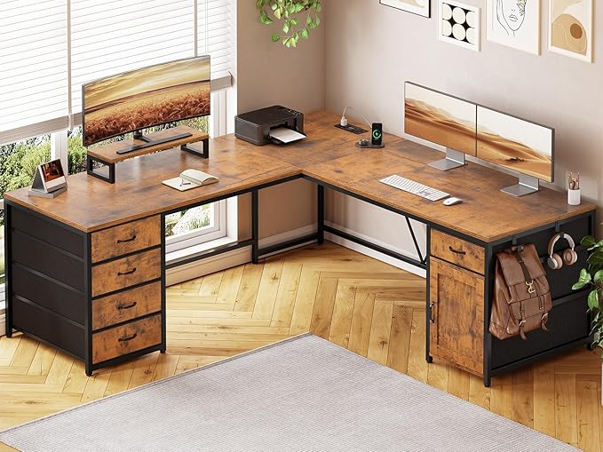 SEDETA L Shaped Desk, 63'' Corner Desk with 5 Drawer & Power Outlet, Larger Home Office Desk or Gaming Desk, L Shaped Corner Desk with Monitor Shelf, Storage Cabinet, Rustic Brown