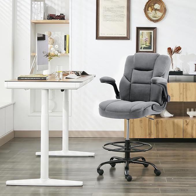 Drafting Chair 500Lbs, Tall Office Chair for Standing Desk, Fabric Executive Office Chair with Flip-up Armrests, Ergonomic High Chair with Adjustable Foot Ring, Comfy Stool Chairs, Grey