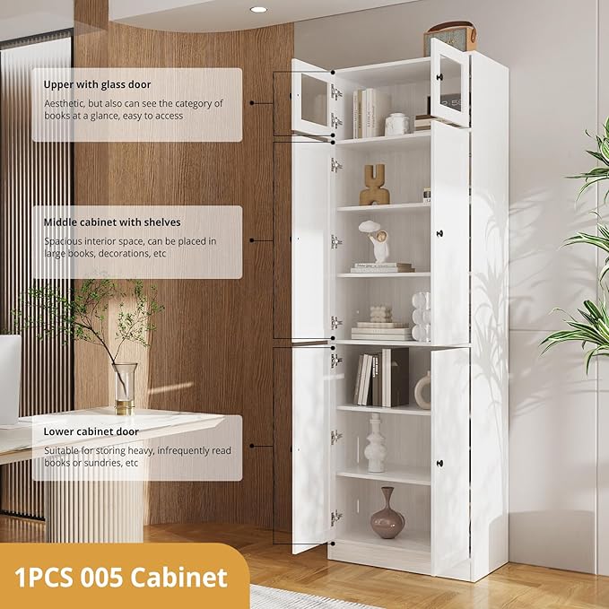 VOWNER 85.5" Tall Wooden Bookshelf 5 Sets, Storage Cabinet with Glass Doors, 7 Tier Bookcase for Living Room, White Pantries with Doors and Shelves, Modern Large Storage for Home Office