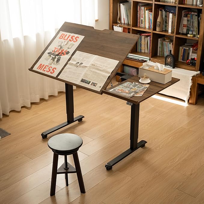 MEEDEN Electric Adjustable Office Table: 31"-52" Height Adjustable Craft Desk- Tiltable Tabletop Sit Standing Home Office Desk-Walnut