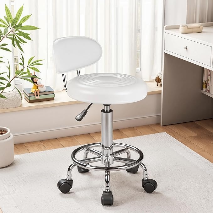 VECELO Home Office Desk Chair with Backrest & Wheels | PU Leather Rolling Office Chair for Drafting, Salon, Spa(White, with Back)