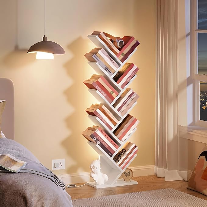 Hoctieon 10 Tier Tree Bookshelf, Tall Bookcase, Freestanding Book Shelf with LED Lights, Display Floor Standing Storage Shelf, Book Organizer Shelves for Home Office, Living Room, White