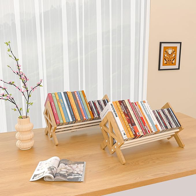 Desktop Bookshelf Organizer, Wood Office Tabletop Book Storage Rack, Tilting Bookcase for Books/CDs/Magazine Display (2 Packs White)