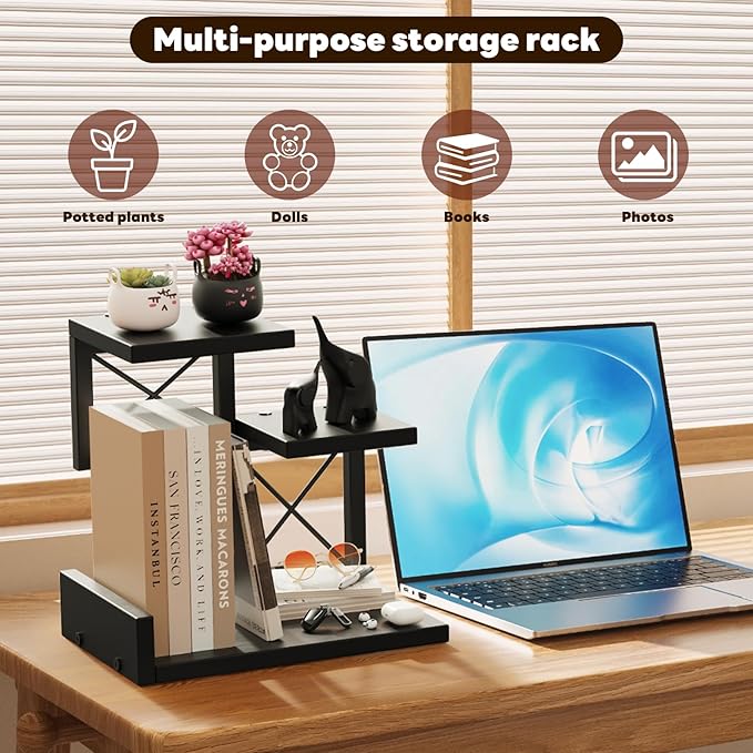 Abiglifty Desk Shelf Organizer, Wooden Desktop Organizers, 3 Tier Desk Hutch Small Bookshelf, Nightstand Organizer, Riser Display Stand for Office, Dorm, Home (Black)