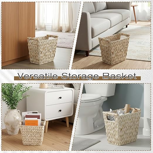 WLLHYF 5 Gallon Wicker Trash Can Handwoven Water Hyacinth Waste Basket Boho Wicker Decor Wastebasket with Handle Waterproof Small Garbage Can for Bedroom Bathroom Office Living Room