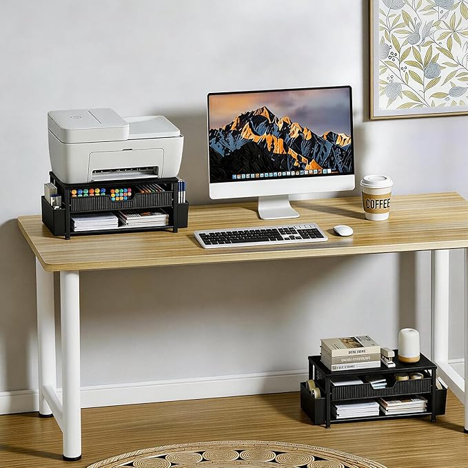 Printer Stand for Desk with Storage, Desk Organizer with Drawer and Pen Holder, Printer Table for Home Office, Multi-Purpose for Home Printer, Fax Machine, Scanner, Die-Cut Machine (Black)