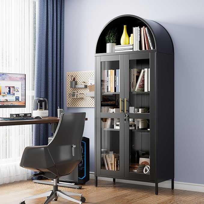 VEXPOR 73" Tall Arched Display Cabinet with Glass Doors, Metal Arched Curio Cabinet with Lock for Living Room, Home Office, Assembly Required
