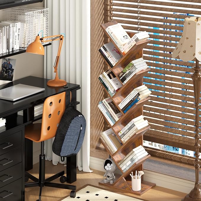 SHEEPAM 10 Tier Tree Book Shelf, Floor Standing Wood Bookshelf for Narrow Space, Storage Organizer Bookshelves for Books/CDs/Magazine, Bookcase with Shelves for Home Office, Living Room - Brown