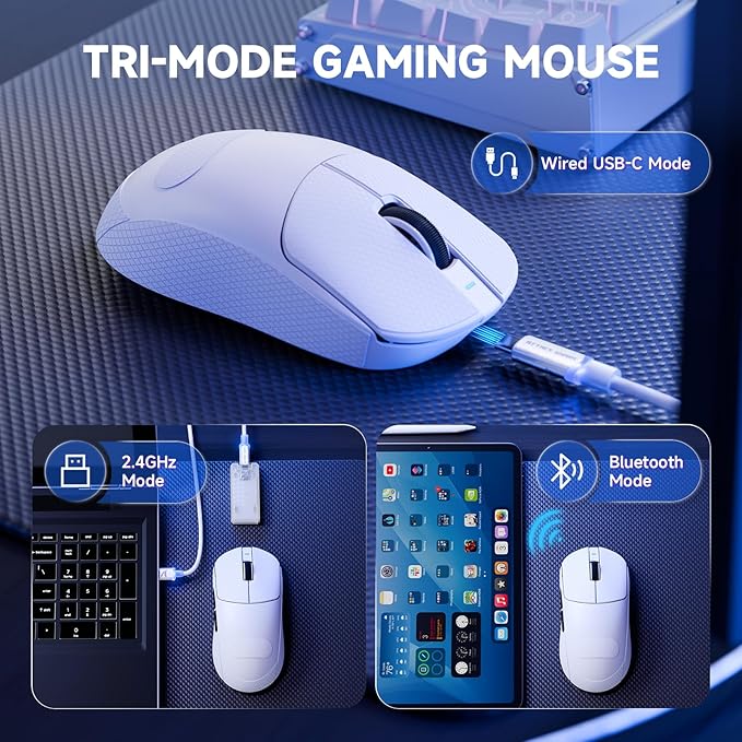 ATTACK SHARK X8 PRO 8K Wireless Gaming Mouse,PAW3395PRO 40K DPI Sensor,Tri-Mode Broadcom BK52820 Chip,Superlight Ergonomic Mouse for Large Hands,Cloud-Based Software,for Win/Mac(White&Tape)