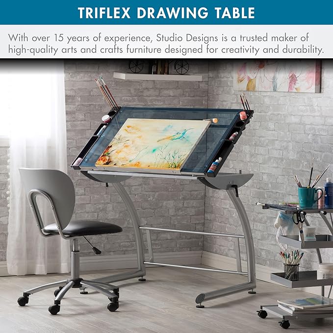 SD Studio Designs Triflex Drawing Table, Sit to Stand Up Adjustable Office Home Computer Desk, 35.25" W X 23.5" D, Silver/Blue Glass