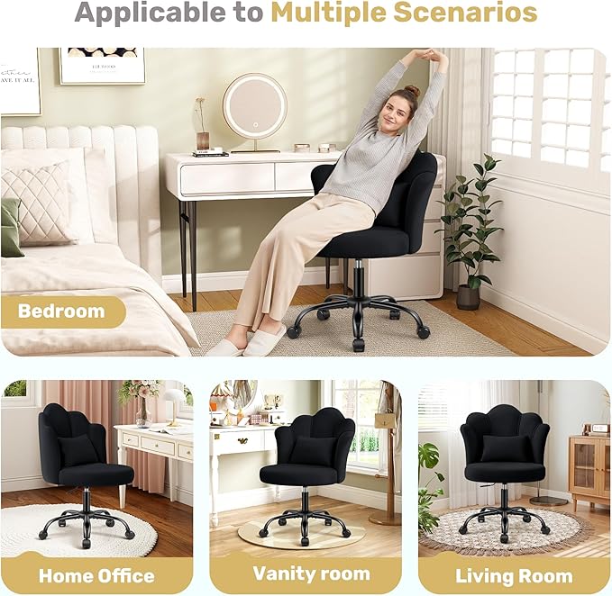 BestGlory Petal Vanity Chair with Wheels, 3.15" Extra Thick Comfy Makeup Chair, Adjustable Modern Swivel Armless Desk Chair for Girls Women, Aesthetic Small Office Chair for Bedroom Dorm