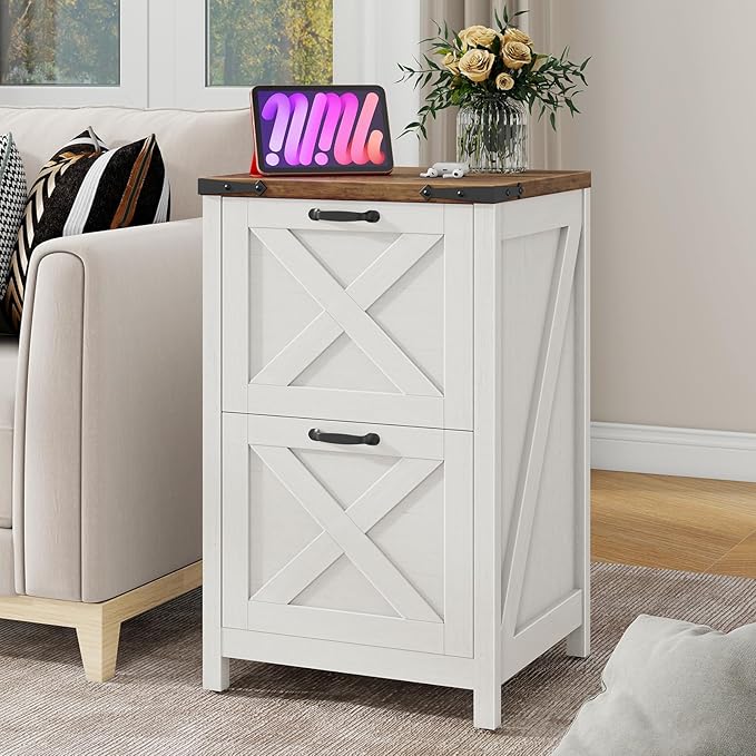 Vabches Vertical File Cabinet with 2 Drawers, Wooden Farmhouse Filing Cabinet for Letter/A4 Size Hanging Files, Under Desk Printer Stand with Storage for Home Office, Rustic White