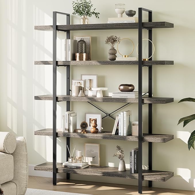 OtterOasis Heavy Duty 5-Tier Industrial Bookcase, 47" Wide Wood Bookshelf for Home Office, 120lbs Shelf Capacity, Rustic Shelving Display with Reinforced Horizontal Shelf for Living Room Bedroom,Grey