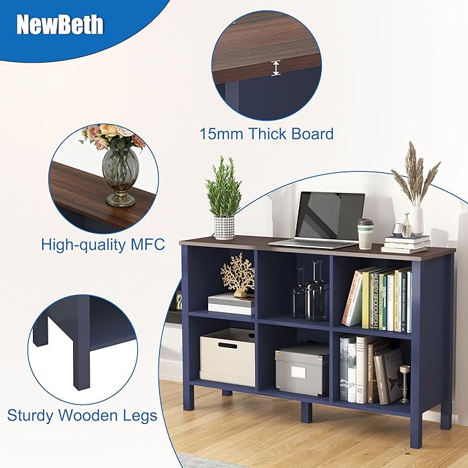 6-Cube Bookcase, Farmhouse Wooden Bookshelf Low Storage Organizer, 45" Horizontal Navy Blue Console with Legs, Hallway Book Case for Entryway, Display Cabinet for Living Room (Navy Blue, 6-Cube)