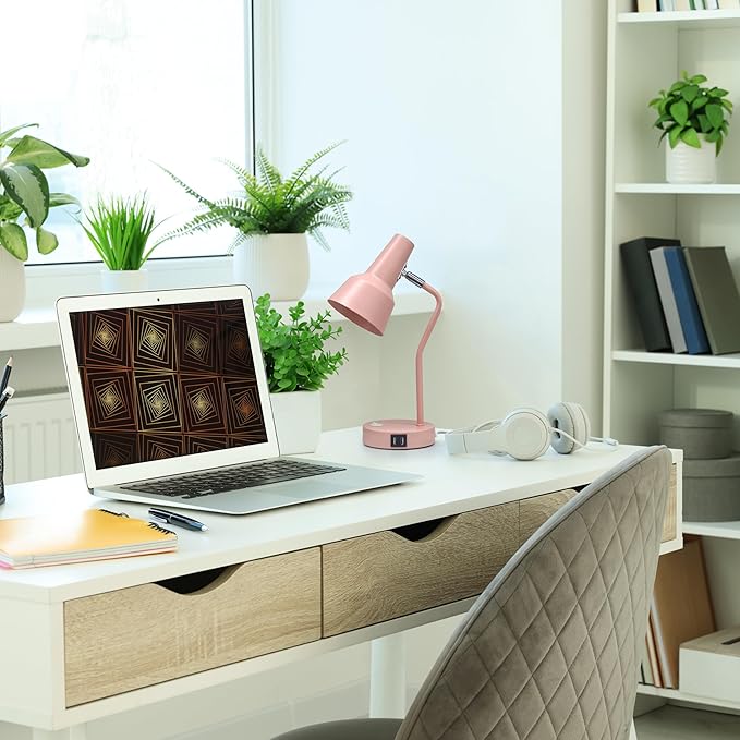 Simple Designs LD1072-BPK 15.2" Sleek Essentials Metal Cone Shade Desk Lamp with Adjustable Shade and Dual USB Ports, for Office, Desk, Nightstand, Dorm, Pink