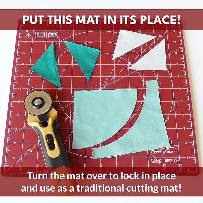 Madam Sew 360 Degree Rotating Self Healing Cutting Mat for Crafts, Sewing, and Quilting – 12x12 cutting matts for sewing Lockable Non-Slip Base and Accurate Grid and Bias Lines for Precise Cuts