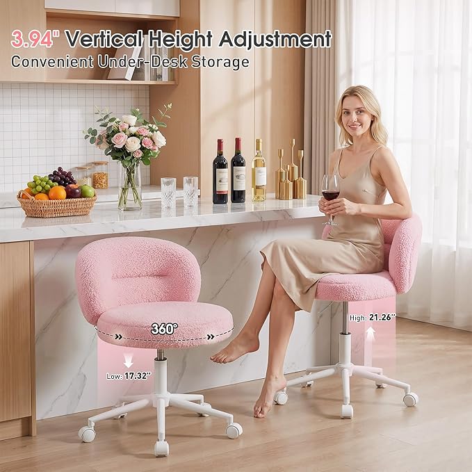 Homkdom Small Round Vanity Chair, Armless Home Office Desk Chairs with Back, Height Adjustable & 360° Swivel, Cute Comfy Vanity Computer Chair for Bedroom, Home Office, Pink