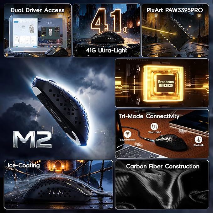 MAMBASNAKE M2 Carbon Fiber Wireless Gaming Mouse,PAW3395PRO 40K DPI Optical Sensor,41g Ultra Lightweight Ergonomic,Programmable Buttons BT/2.5Ghz/Wired Mice Computer Accessories for PC/Mac-Black