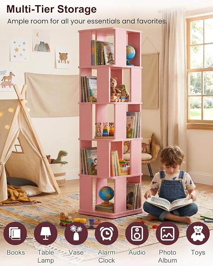 Foxemart 5-Tier Rotating Bookshelf Tower, 360° Spinning Modern Book Storage Bookcase, Stable Display Corner Book Shelf for Kids Room, Living Room, Bedroom, Home Office, Pink