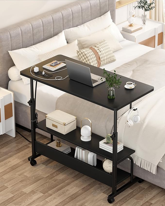 Armocity Rolling Standing Desk with Power Outlets, 32" Manual Height Adjustable Mobile Computer Desk with Wheels, Small Portable Sit Stand Laptop Couch Table for Bed & Sofa Home Office, Black