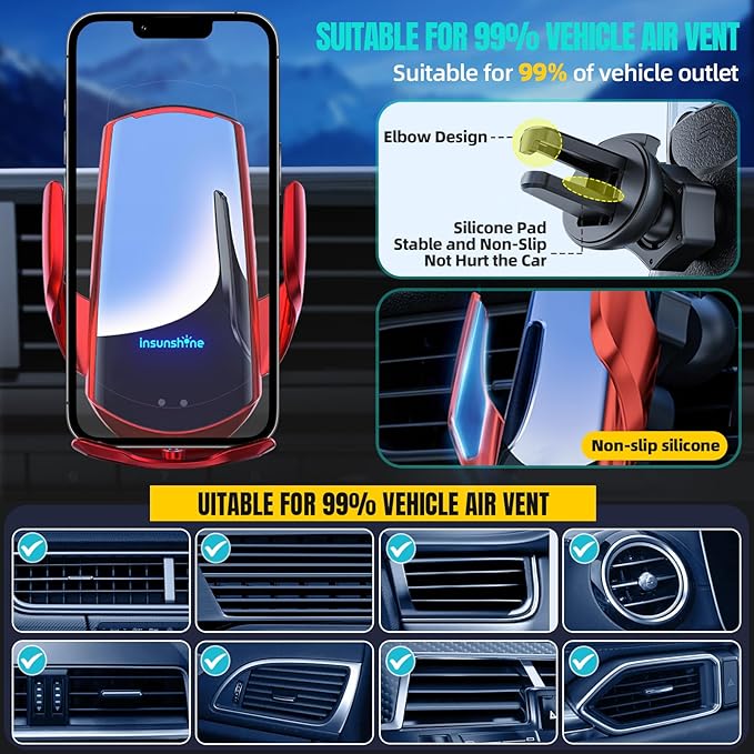 Wireless Car Charger, MAX 15W Fast Charging Auto Clamping, Sensing Phone Holder Mount, fit for iPhone 16 15 14 13 12 Pro Max Xs X, Samsung Galaxy S24 Ultra S23 S22 S21 S20 Note20 (4-Red)