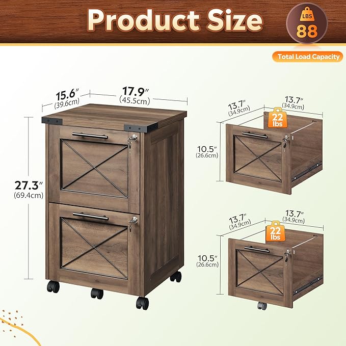 DEVAISE 2 Drawer File Cabinet with Hanging Files, Mobile Rolling Storage Cabinet for Home Office, Under Desk Filing Cabinet with Lock, Printer Stand, Dark Brown