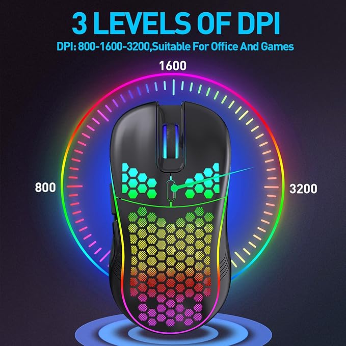 Wireless Gaming Mouse, Rechargeable Computer Mouse Ergonomic Mice Honeycomb Design with RGB Backlight, USB Receiver, 7 Buttons, Adjustable DPI, Wireless Mouse for PC/Mac/Laptop