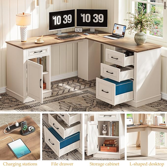 Farmhouse 59" L-Shaped Executive Desk with Drawers, Wood Home Office Corner Desk with Charging Station, File Drawer, Storage Cabinet, Rustic Computer Writing Desk for Home Office (Unique White)