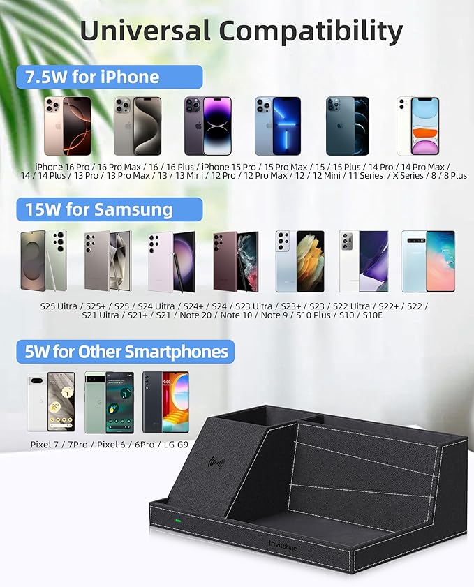 Wireless Charger with Desk Organizer, Fast Charging Station for iPhone 16/15/14/13/12/11 Pro Max, Desk Phone Charger Stand, Desktop Nightstand Organizer Pen Holder for Home Offfice Supplies