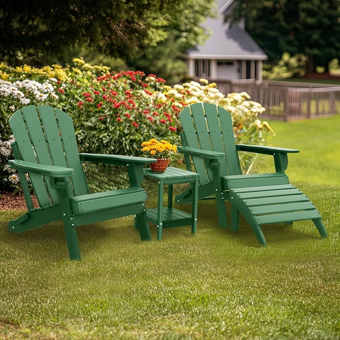 IVY&LANE Outdoor Adirondack Ottoman | Folding | HDPE | Forest Green | All Weather | Waterproof Patio Footrest for Adirondack Chair | Poly Lumber Foot Rest for Deck Backyard