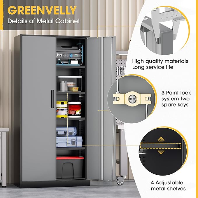 Greenvelly Metal Storage Cabinet,72 Inch Lockable Storage Cabinet with Doors and 4 Adjustable Shelves,Garage Storage Cabinet for Home,School,Gym(Black Grey)