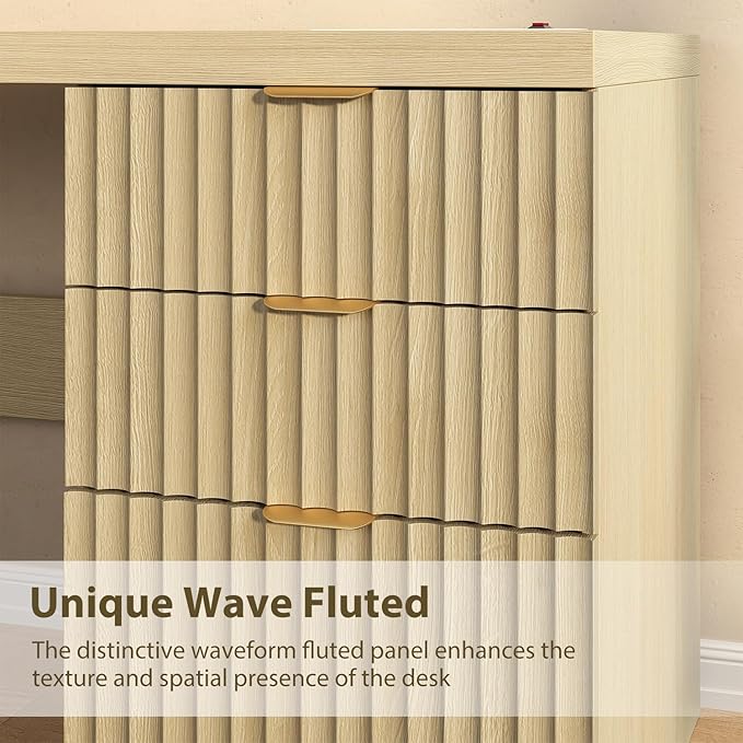 60" Fluted Executive Desk with Ample File Drawer & Large Charging Station, Wood Modern Home Office Desk with Storage, Computer Writing Desk for Work, Living Room, Bedroom, Durable & Sturdy, Natural