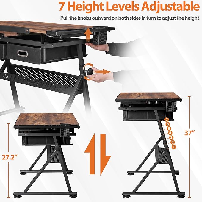 JupiterForce Drafting Table Art Desk w/Power Outlet and Stool, Adjustable Tilting Drawing Table Artist Desk with 2 Storage Drawers, Art Craft Work Station for Home Office Working, Writing, Crafting