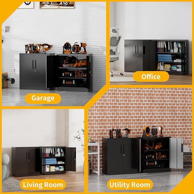 Metal Storage Cabinet, 35" Garage Storage Cabinet with 2 Adjustable Shelves & Lockable Doors, Black Garage Cabinets for Office, Home, Garage, Gym, School