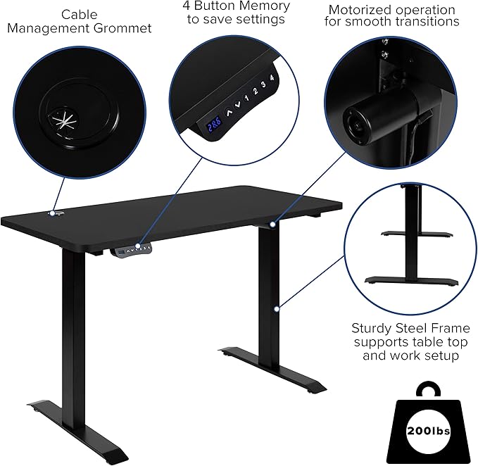 Flash Furniture Park 48" Wide Black Electric Height Adjustable Standing Desk with Designer Armless White Ribbed Swivel Task Office Chair