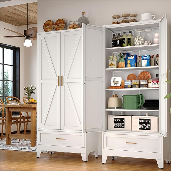 Washsemba 71 "Farmhouse Metal Filing Cabinet with a Drawer and 4 Adjustable Shelves, with 2 Large barn Door White Kitchen Cabinets, Metal Food Cabinets for Home, Kitchen, Dining/Living Room (White)