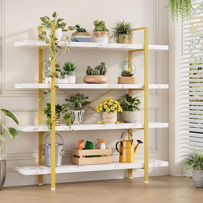 OtterOasis Heavy Duty 4-Tier Industrial Bookcase, 47" Wide Wood Bookshelf for Home Office, 120lbs Shelf Capacity, Shelving Display with Reinforced Horizontal Shelf for Living Room Bedroom,White