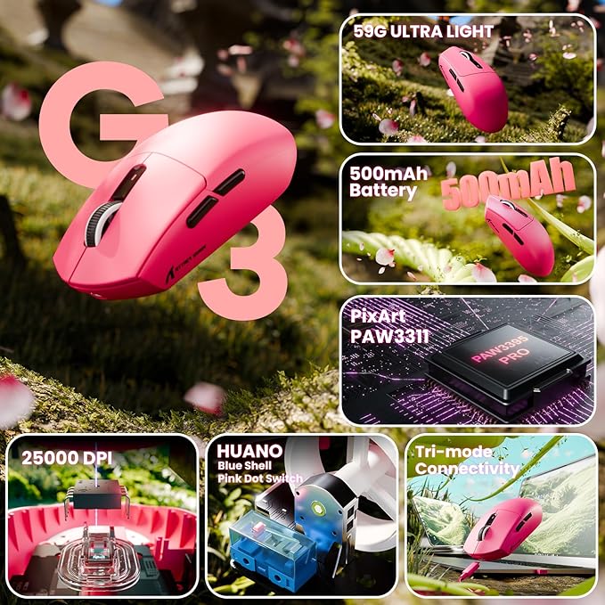 ATTACK SHARK G3 Wireless Gaming Mouse,Tri-Mode 2.4G/BT5.2/USB-C Gaming Mouse,PAW3311 Sensor,25,000 DPI,59g Lightweight,5 Programmable Buttons,500mAh Rechargeable Gaming Mice,PC/Mac(Berry Red)