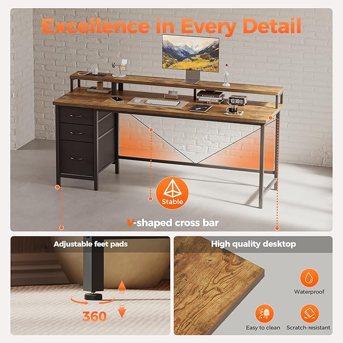 Mericonia Computer Desk 63 inch with Power Outlets & LED Lights, Gaming Desk with 3 Drawers for Home Office, Small Desk with Monitor Stand for Small Spaces, Study Writing Desk