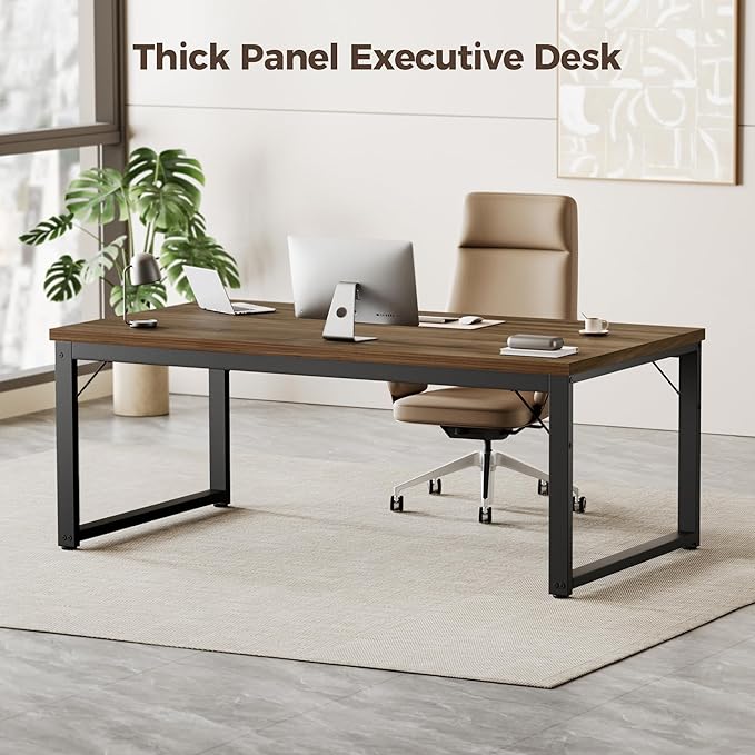 Mericonia 40 Inch Computer Desk, 1" Thick Modern Simple Study Writing Table, Heavy Duty Industrial Office Desk for Home Bedroom Workstation, Walnut