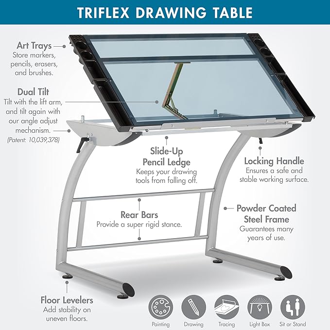 SD Studio Designs Triflex Drawing Table, Sit to Stand Up Adjustable Office Home Computer Desk, 35.25" W X 23.5" D, Silver/Blue Glass