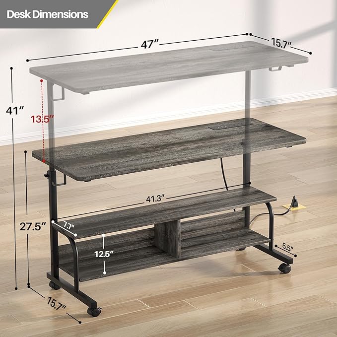 Armocity Rolling Standing Desk with Power Outlets, 47" Manual Height Adjustable Mobile Computer Desk with Wheels, Portable Sit Stand Laptop Couch Table for Bed & Sofa Home Office, Grey Oak