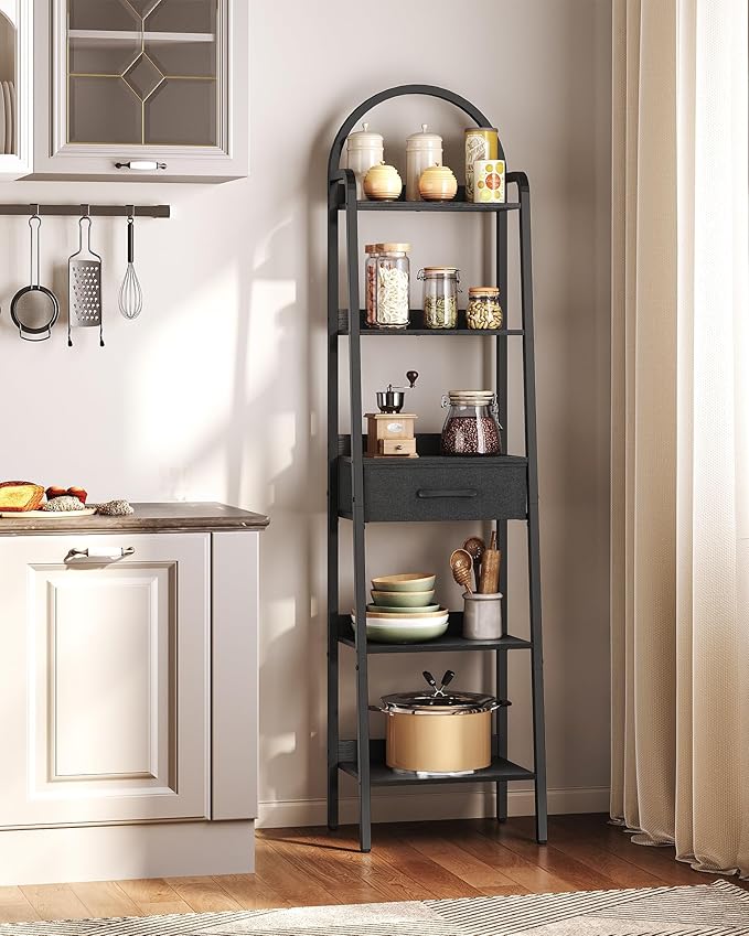 CHOEZON 5 Tier Ladder Shelf with Drawer, Tall Ladder Bookshelf, Standing Bookcase with Metal Frame for Living Room, Bathroom, Home Office, Study, Balcony, Black TCJ07BB