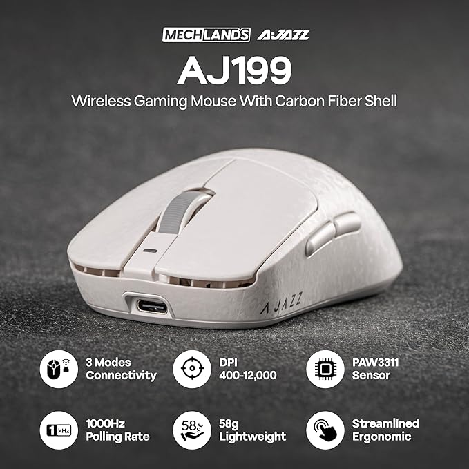 MechLands AJAZZ AJ199 Lightweight Gaming Mouse with Carbon Fiber Shell, 2.4G/USB-C/BT Wireless Mouse with 500mAh Battery, Adjustable 12,000 DPI & 1KHz Polling, PAW3311 Sensor for PC/Mac/Gaming (White)