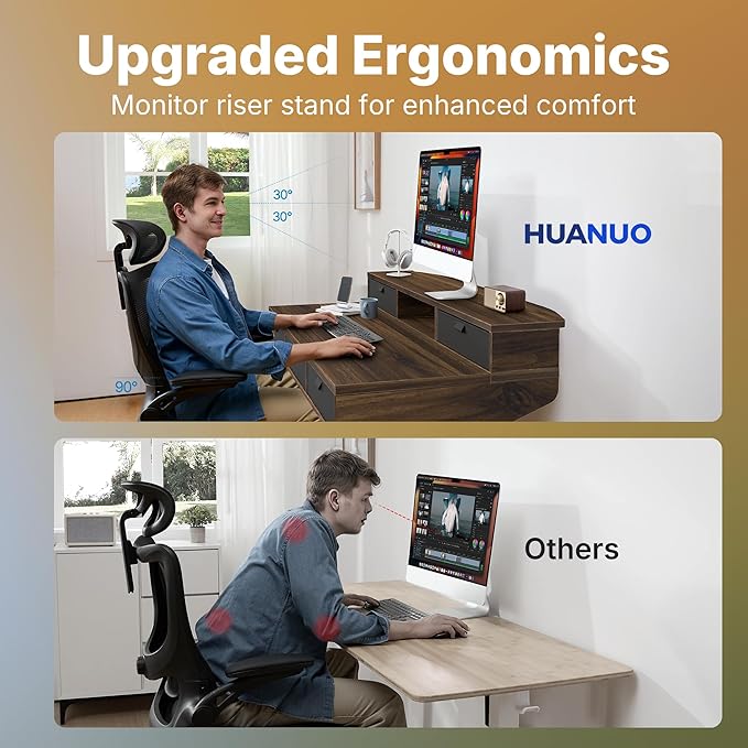 HUANUO 40 x 24 inch Electric Standing Desk with 4 Drawers, Adjustable Height Sit Stand Home Office Desk, C-Clamp Mount Compatible, Ergonomic Stand up Desk with 4 Preset Heights, Walnut